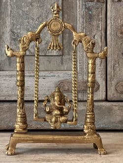 Golden Brass Ganesha on a Swing with Elephants