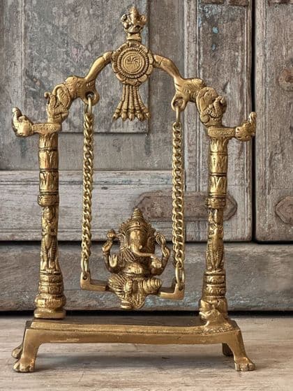 Golden Brass Ganesha on a Swing with Elephants