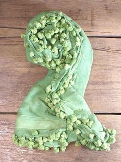 Green Fine Cotton Pom-Pom Shawl