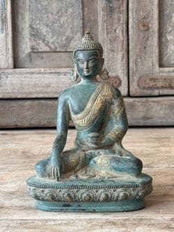 Green & Golden Bronze Buddha in the Grounded Bhumisparsha pose