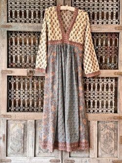 Hand Block Print Fine Cotton Dress in Pale Cream and Pale Blue tones