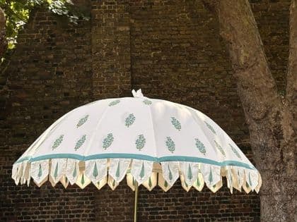 hand block print parasol with aqua flower motif and cypress trees