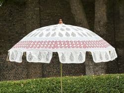 hand block print parasol with floral design in pale blue grey & red