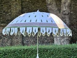 hand block print parasol with green cypress trees