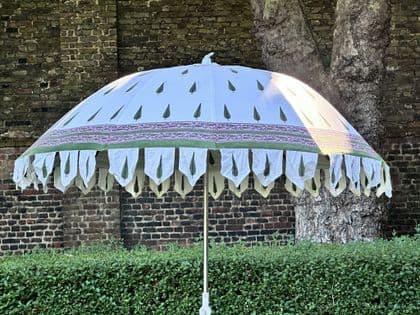 hand block print parasol with green cypress trees