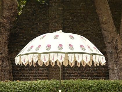 hand block print parasol with pink peonies