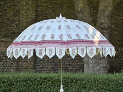 hand block print parasol with  ruby pink floral design