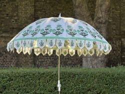 hand block print parasol with Sea Green Poppy Design
