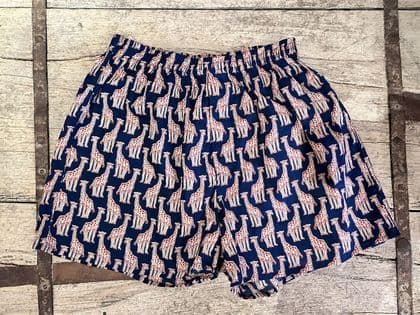 hand block print sleep shorts with giraffe design