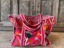 Hot pink Velvet Tote Bag With Crewelwork Embroidery