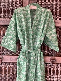 Kimono Block Print Cotton Robe in Apple Green
