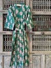 Kimono Block Print Cotton Robe in Emerald Green with Pink Tigers