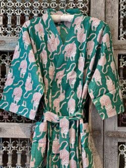 Kimono Block Print Cotton Robe in Emerald Green with Pink Tigers