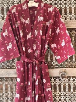 Kimono Block Print Cotton Robe in Garnet Red with Lotus & Nandi Cow Design