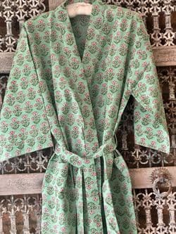 Kimono Block Print Cotton Robe in Green Provencal Print