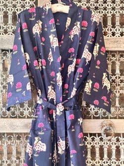 Kimono Block Print Cotton Robe in Midnight Blue with Lotus & Nandi Cow Design