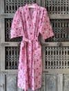 Kimono Block Print Cotton Robe in Pink with Lotus & Nandi Cow Design