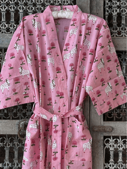 Kimono Block Print Cotton Robe in Pink with Lotus & Nandi Cow Design