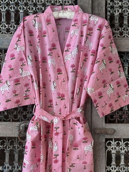 Kimono Block Print Cotton Robe in Pink with Lotus & Nandi Cow Design Colbalt Blue (1)