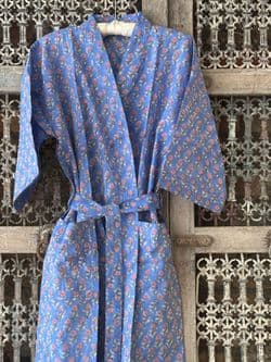 Kimono Block Print Cotton Robe in Provencal Blue  with Red Flowers