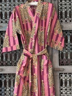 Kimono Block Print Cotton Robe in Salmon Pink with Tigers
