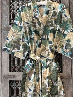 Kimono Block Print Cotton Robe with Mughal Garden & Peacocks