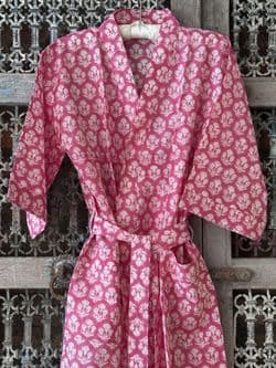 Kimono Block Print Cotton Robe with Provencal Pink Flower Design