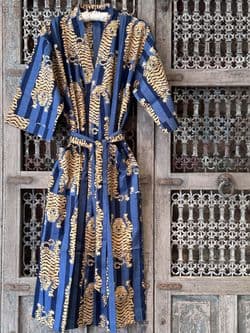 Kimono Block Print Robe in Blue with Tigers