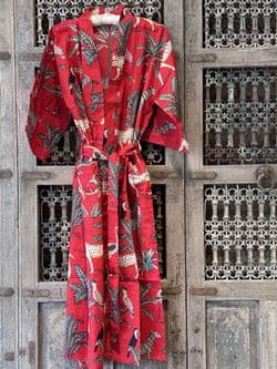 Kimono Block Print Robe with Cheetah & Parrot Jungle Design in Red