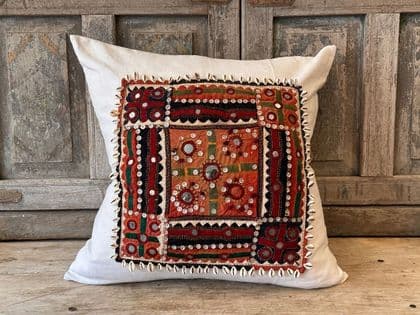 Large Square Cushion with Vintage Linen & Antique Embroidery
