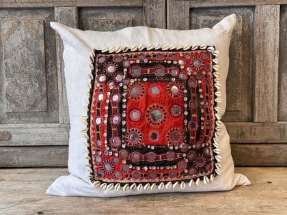 Large Square Vintage Linen Cushion with Antique Mirrorwork Textile