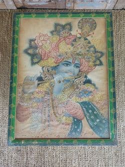 Lord Krishna holding a flute in traditional Tanjore style print with sequin decoration