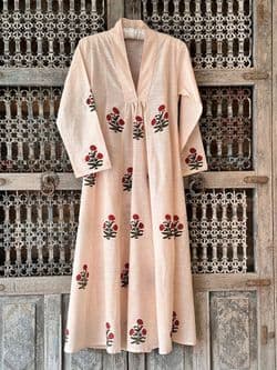 Marcia Dress in Pink Handloom Cotton Fabric with Red Block Print Poppies