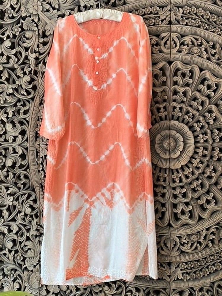 Red - Bandhani Cotton Kaftan with Desert Embroidery (Short) 14