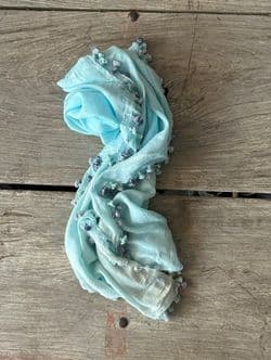 Pale Aqua Fine Cotton Pom-Pom Shawl