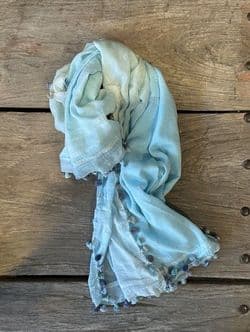 Pale Blue Fine Cotton Pom-Pom Shawl