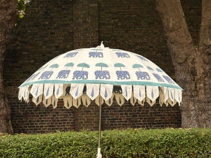 parasol with hand block cypress tree motif with pink border