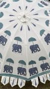 parasol with hand block elephant design in blue & green