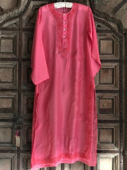 Pure Silk Kaftan with Embroidery - Rose Pink