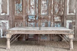 Rare Bleached Wood Thakat Day Bed Coffee Table with decorative carving, Jaisalmer, Rajasthan