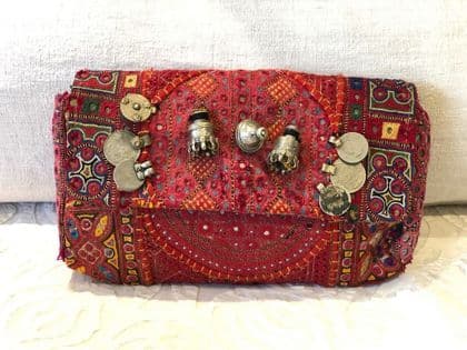 Red Mirrorwork Vintage Clutch with Tribal Silver Jewels