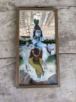 Reverse glass painting depicting Lord Krishna as a Herdsman with Holy Cow