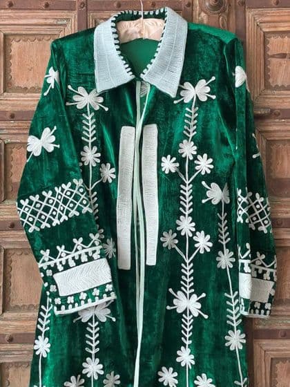 silk embroidered velvet coat with white embroidery - Emerald green