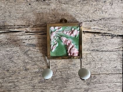 Small Vintage Colonial Tile - Pink Flower on Green