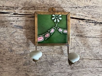Small Vintage Colonial Tile - Pink Flowers on Green
