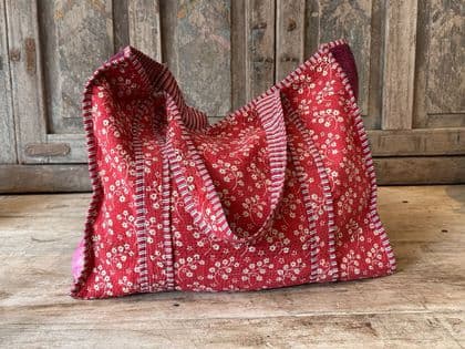 Soft Red Kantha Tote Bag