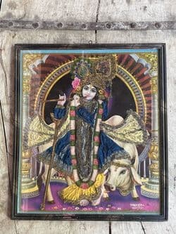 Tanjore Print depicting Lord Krishna, God of Love with fabric & zardosi embellishment