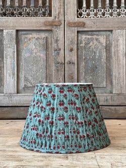 Teal/Turquoise with Red Flowers block print lampshade - medium