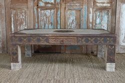 Tribal style bleached acacia wood coffee table with decorative ironwork, Rajasthan