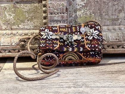 Vintage afghan textile bag embellished with old rupee coins